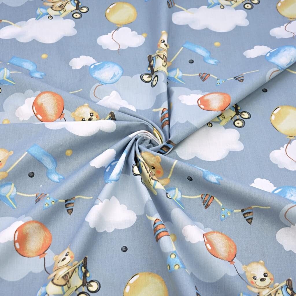 Tkanina bawełniana misie w samolotach na szarym tle