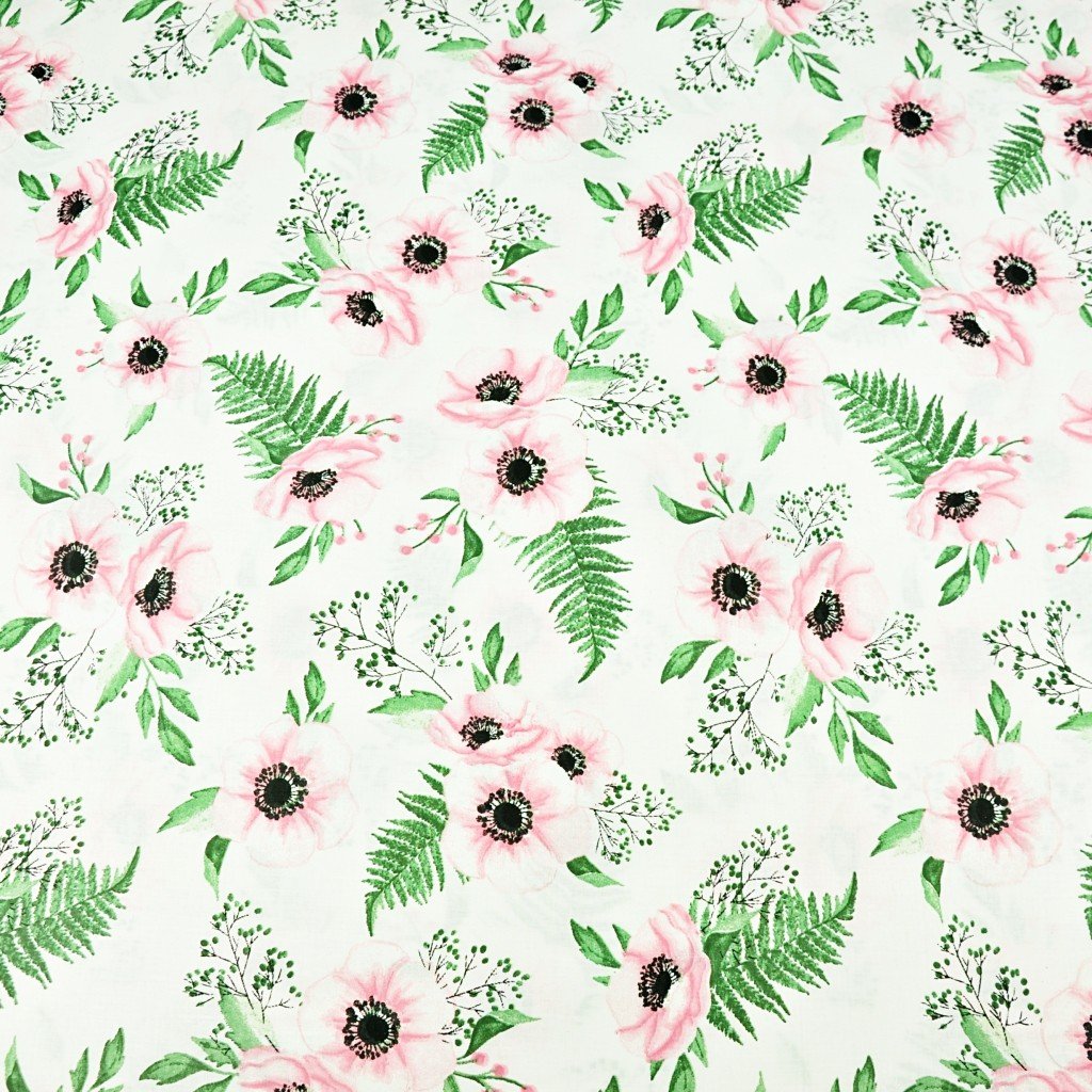 Tkanina bawełniana kwiaty anemony różowo zielone na białym tle