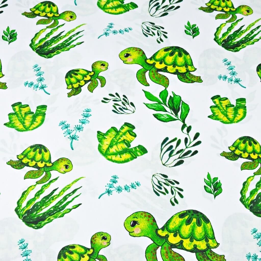 Tkanina bawełniana żółwie morskie zielone na białym tle