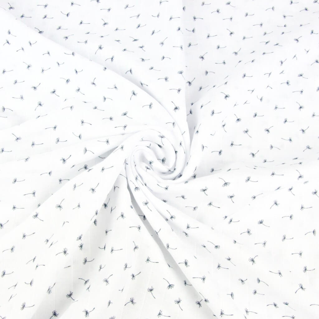 Tkanina Muślin bawełniany dmuchawce MINI grafitowe na białym tle