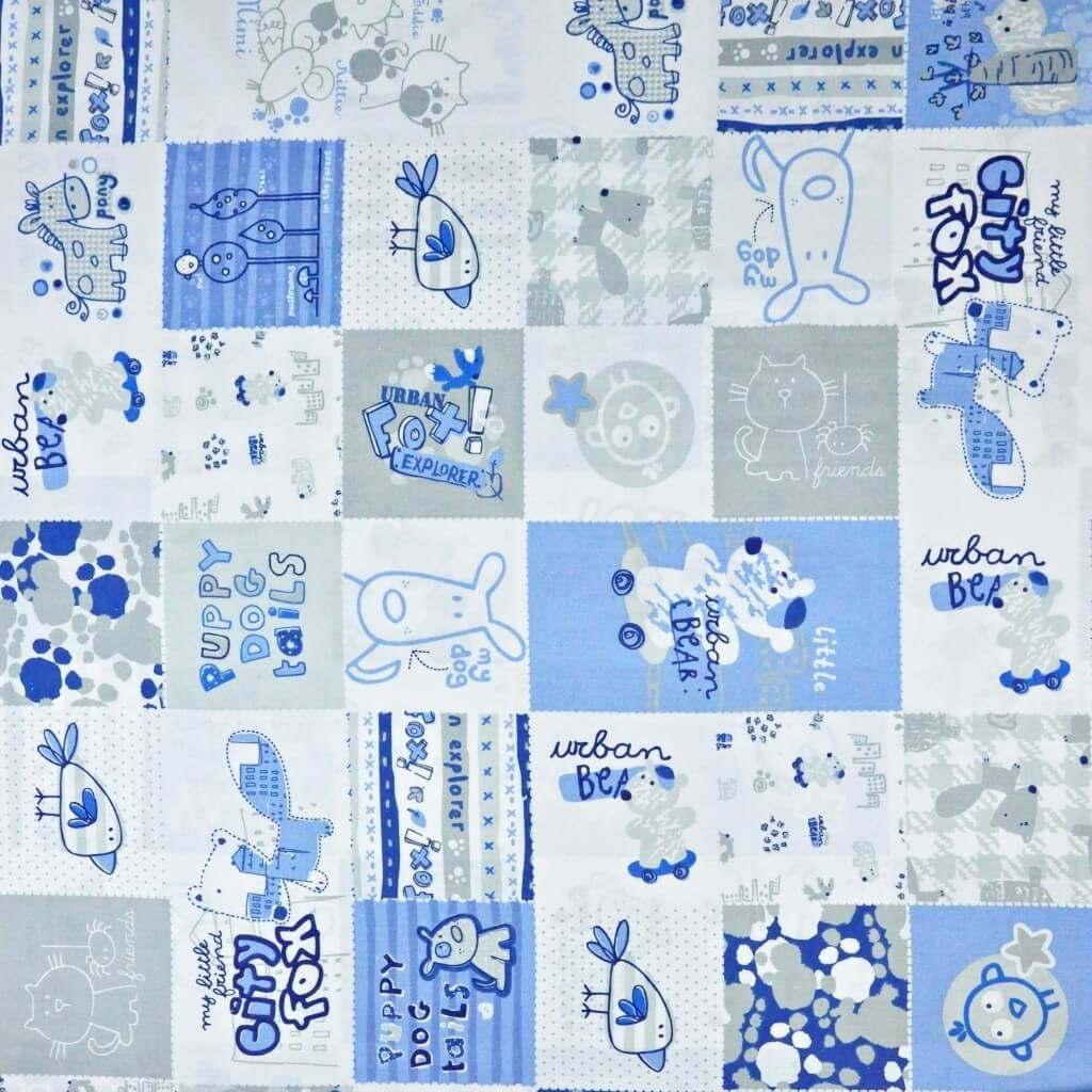 Tkanina bawełniana patchwork zwierzęta niebiesko szare na białym