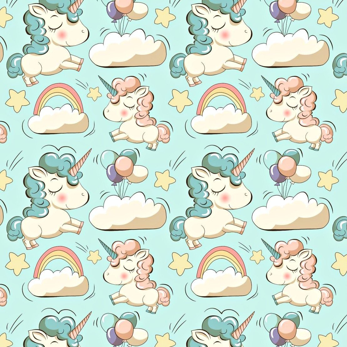 Tkanina bawełniana jednorożce z balonikami na miętowym tle