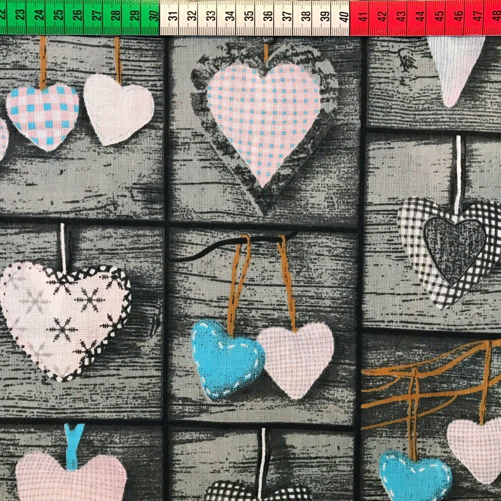 Tkanina bawełniana serca turkusowo różowe na szarej desce