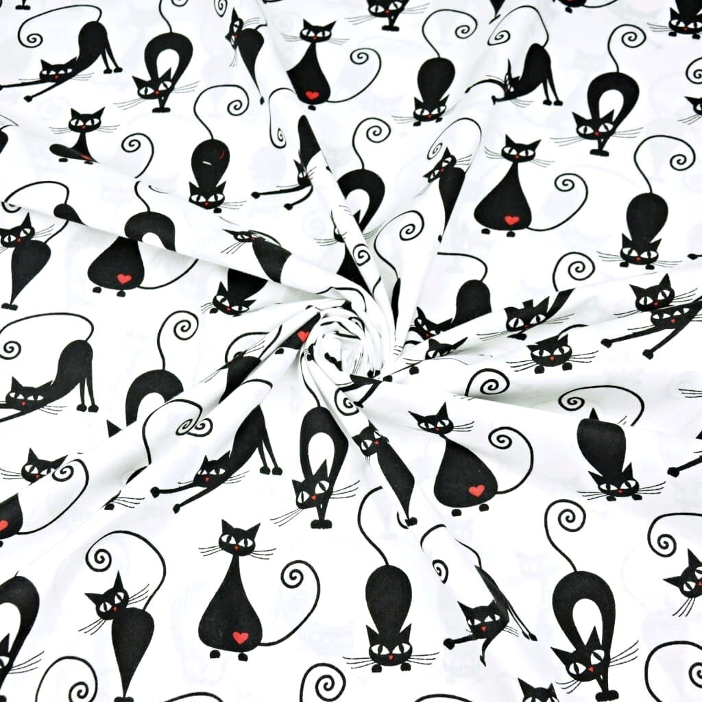 Tkanina bawełniana kotki z serduszkami czarne na białym tle