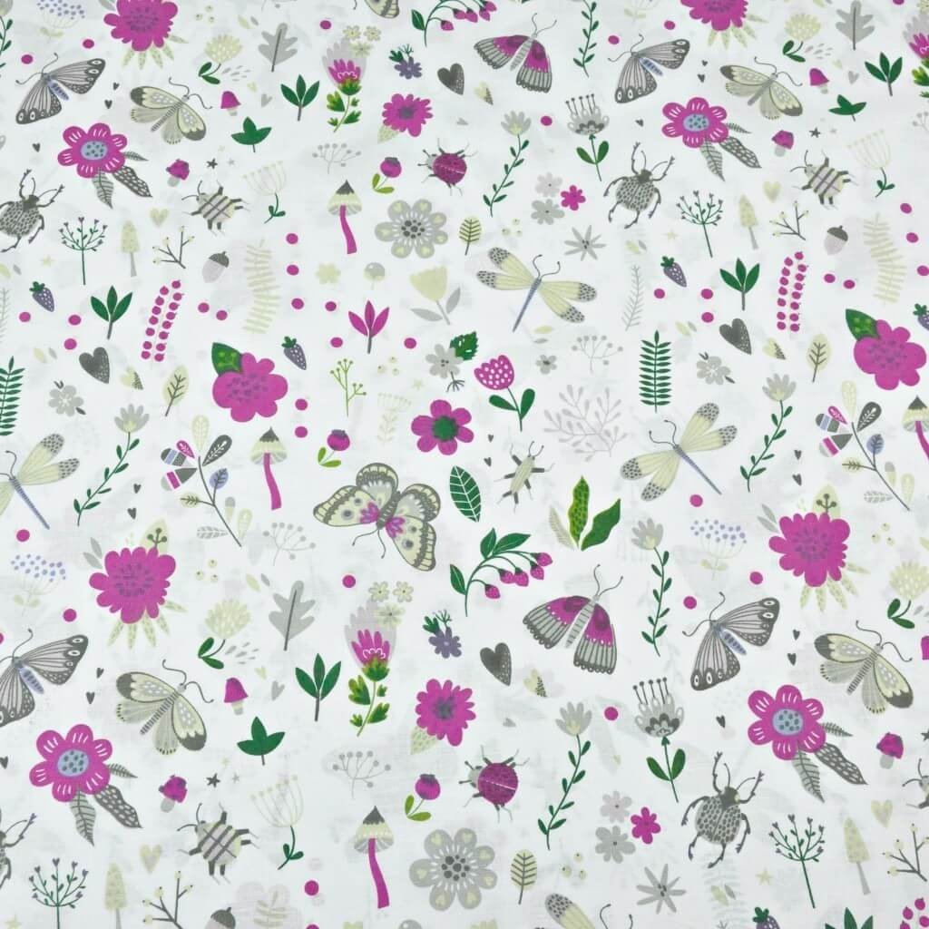 Tkanina bawełniana owady na łące fioletowo zielone na białym tle
