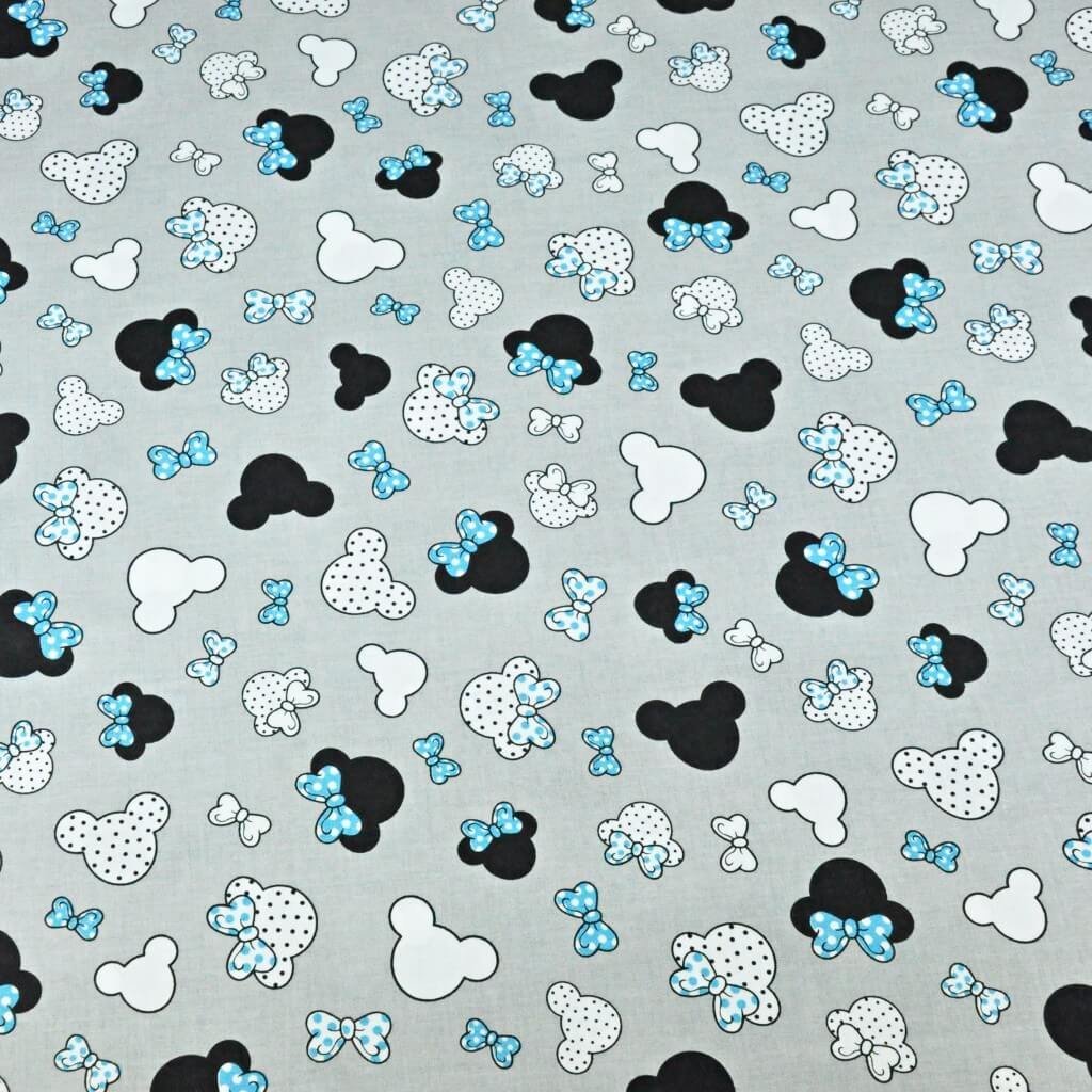 Tkanina bawełniana MIKI małe czarno turkusowe z kokardką na szarym tle