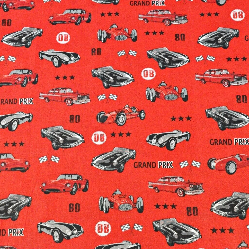 Tkanina bawełniana samochody grand prix na czerwonym tle