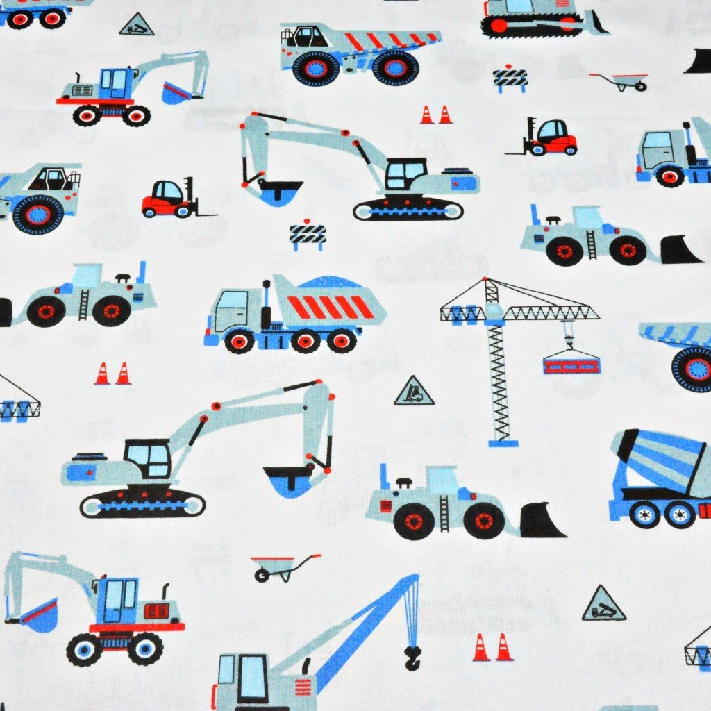 Tkanina bawełniana Roboty budowlane niebieskie na białym tle