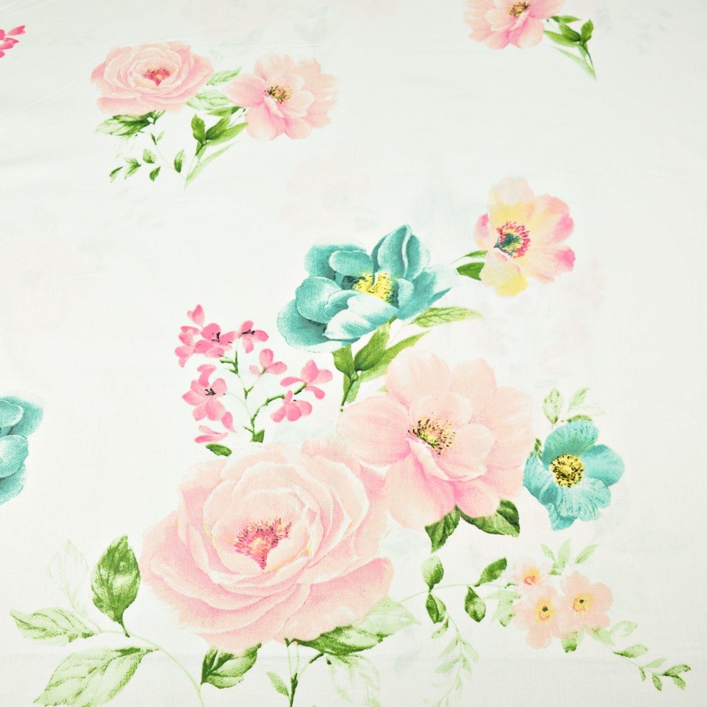 Tkanina bawełniana kwiaty róże różowo turkusowe na białym tle
