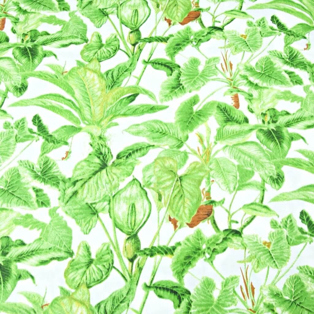 Tkanina bawełniana liście zielone w dżungli na białym tle - 220cm