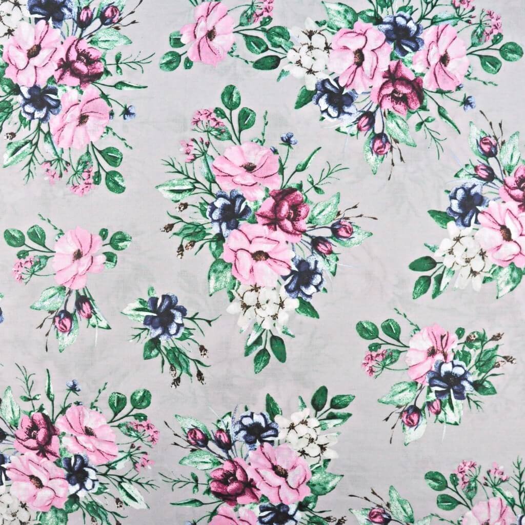 Tkanina bawełniana kwiaty bukiety różowo granatowe z zielonymi listkami na szarym tle