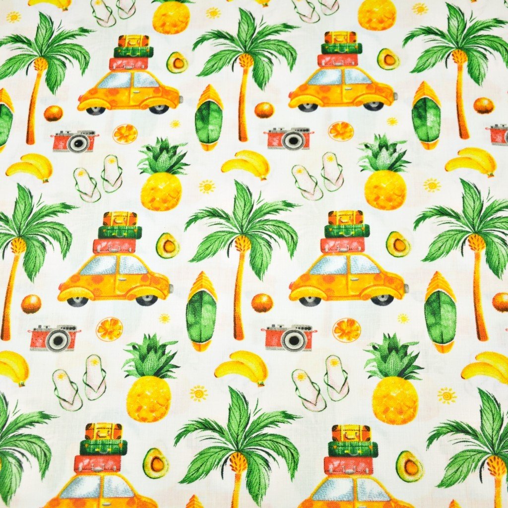 Tkanina bawełniana Tropikalne wakacje żółto zielone na białym tle