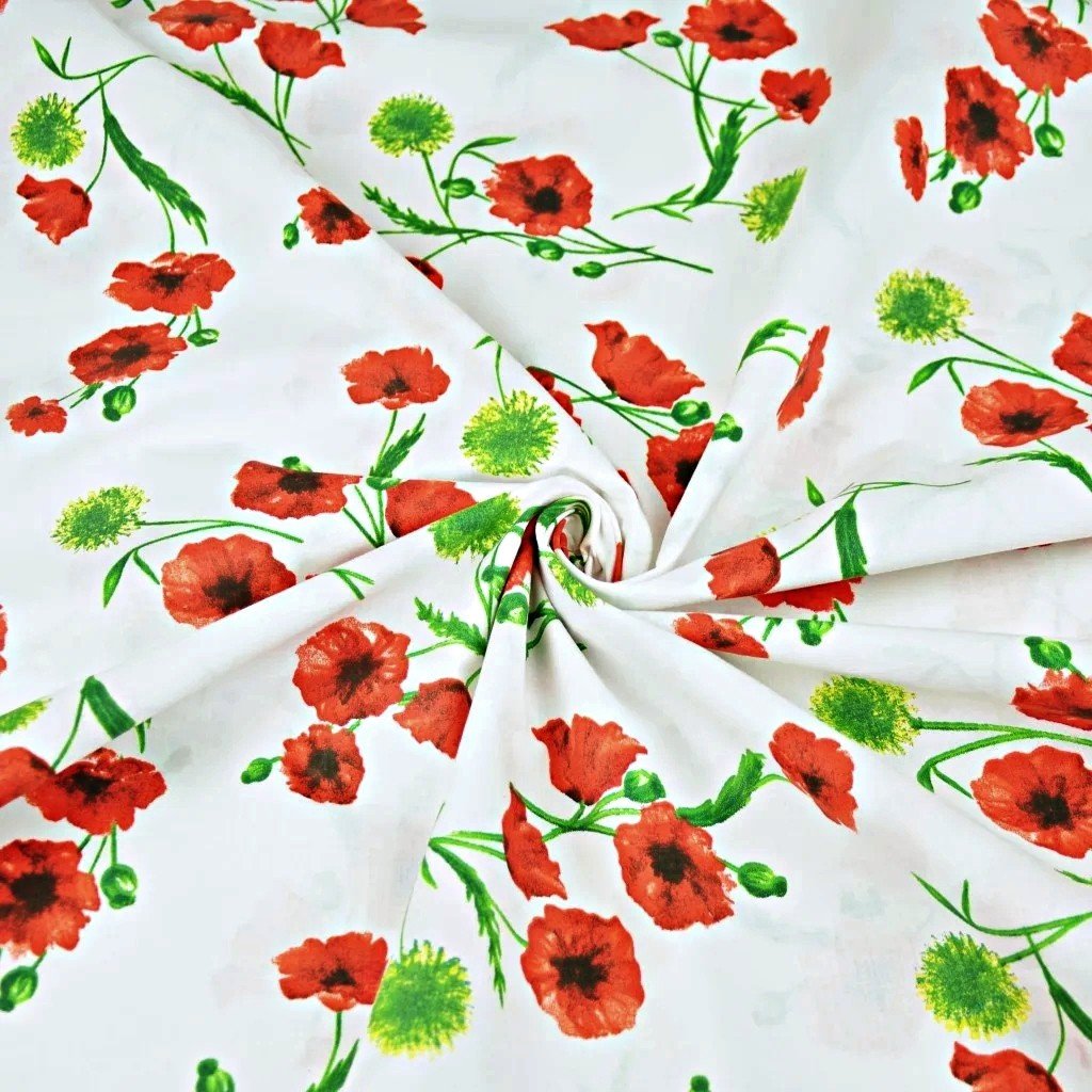 Tkanina bawełniana kwiaty maki i osty na białym tle - 220cm