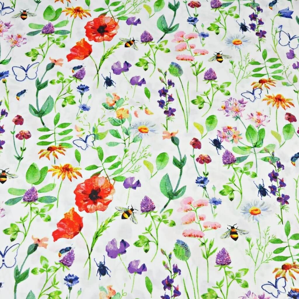 Tkanina bawełniana łąka z owadami na białym tle