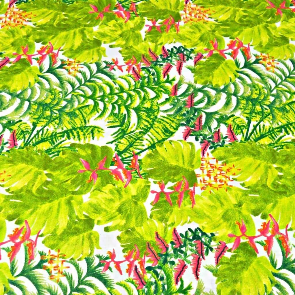 Tkanina bawełniana liście zielone palmowe ze storczykiem różowy na białym tle