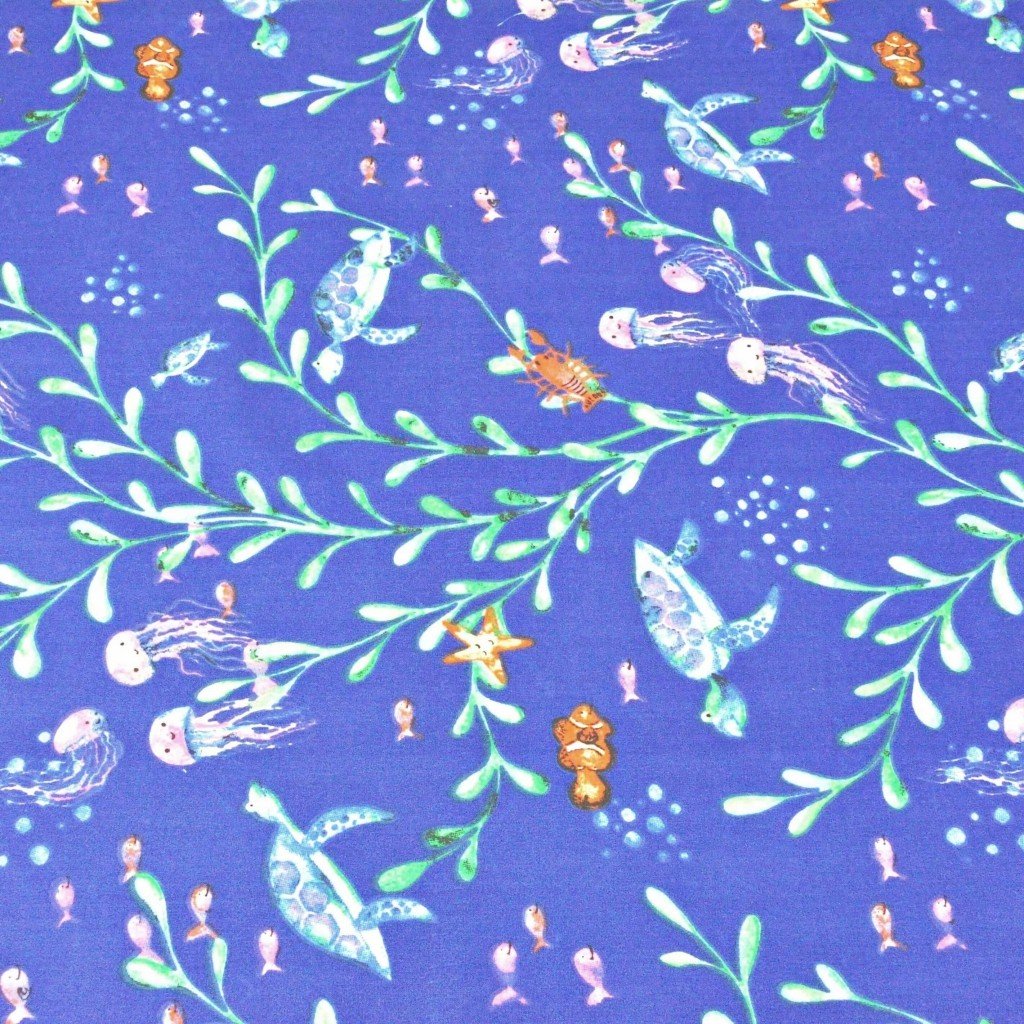 Tkanina bawełniana żółwie i meduzy na granatowym tle