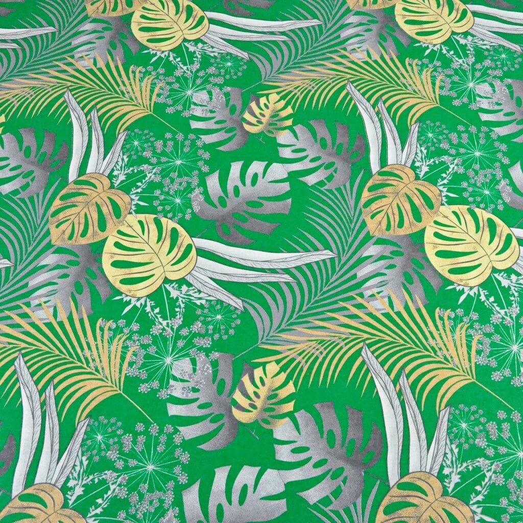 Tkanina bawełniana liście monstera żółto szare na zielonym tle