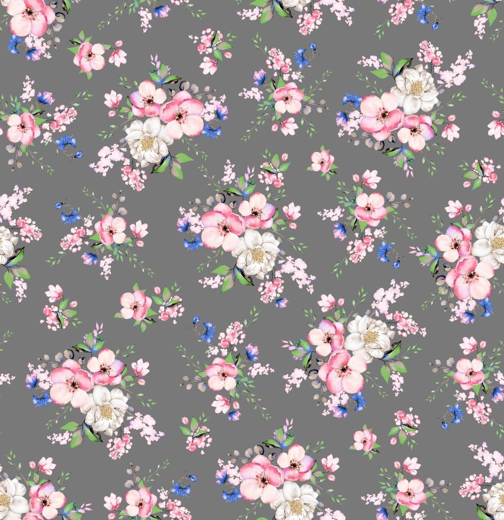 Tkanina bawełniana kwiaty bukiety jabłoni na ciemno szarym tle