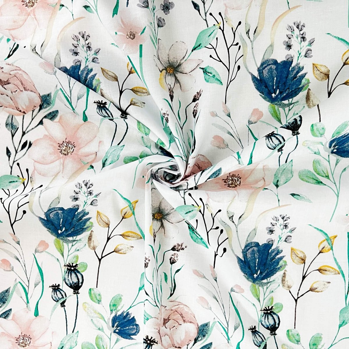 Tkanina bawełniana kwiaty jeansowa różowe z gałązkami