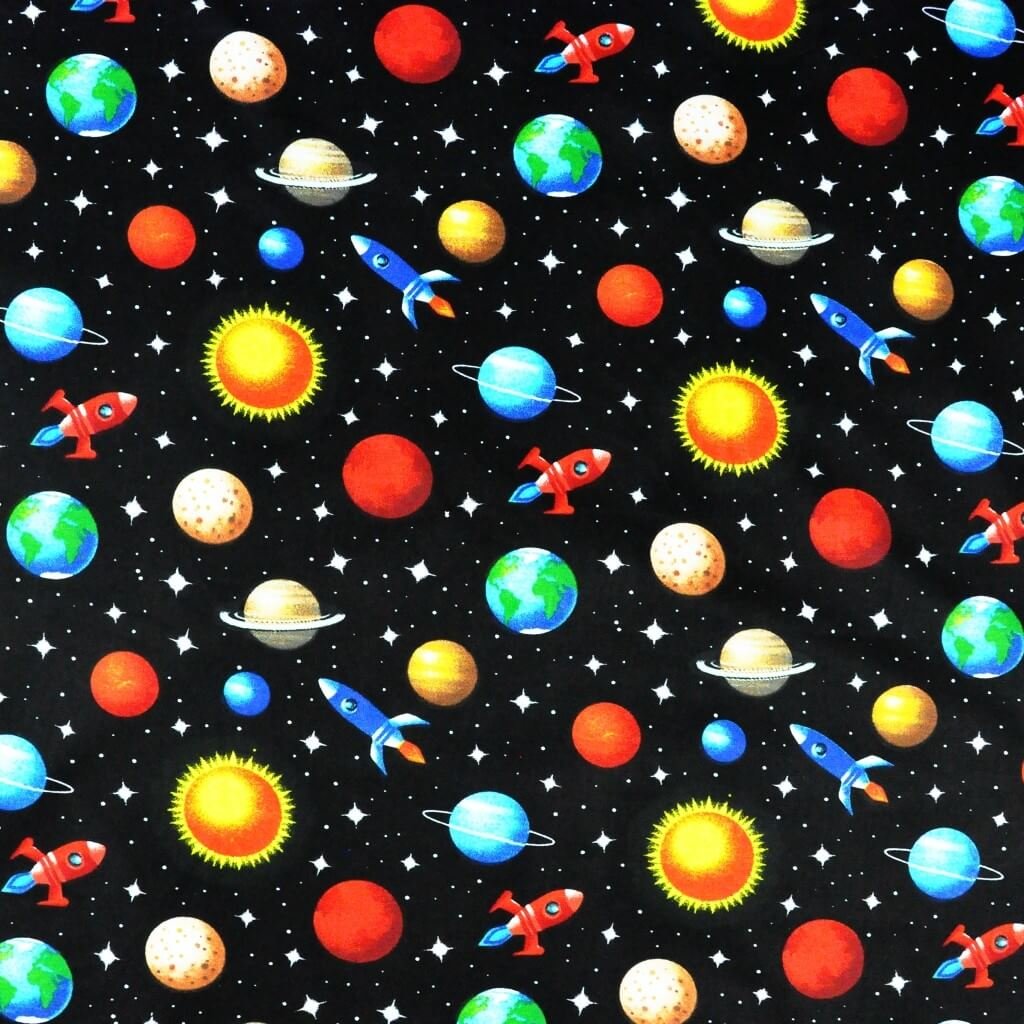 Tkanina bawełniana Planety kolorowe na czarnym tle