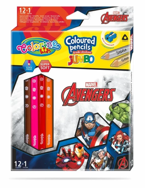 Kredki ołówkowe trójkątne jumbo Avengers Colorino Kids 13 kolorów 12 sztuk z temperówką - PATIO