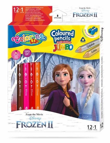 Kredki ołówkowe trójkątne jumbo Frozen Colorino Kids 13 kolorów 12 sztuk z temperówką - PATIO