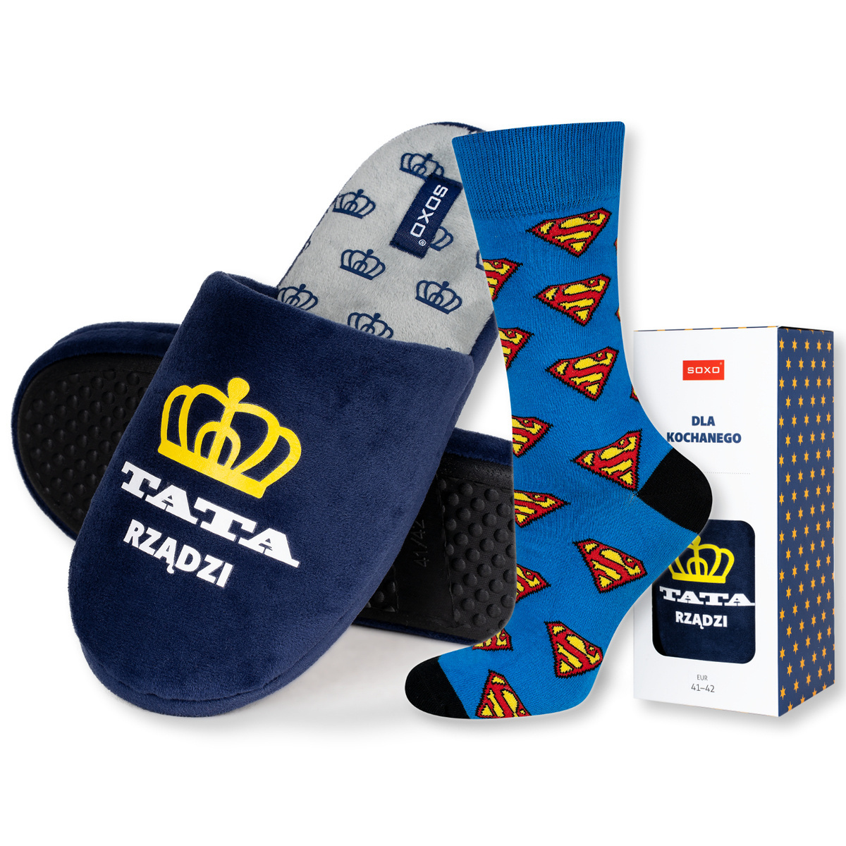 Zestaw dla Taty:1x Skarpetki Męskie Kolorowe SOXO Superman i 1x Kapcie Męskie z napisem 