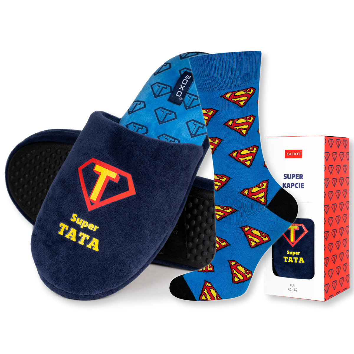 Zestaw dla Taty: 1x Skarpetki Męskie kolorowe SOXO Superman i 1x Kapcie Męskie z napisem 
