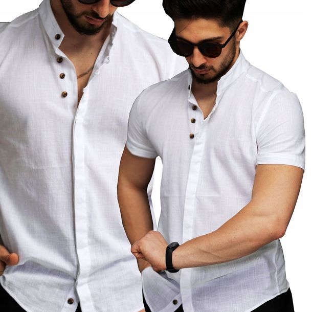 Koszula Męska Stójka Casual Lniana Len Bawełniana Plus Size