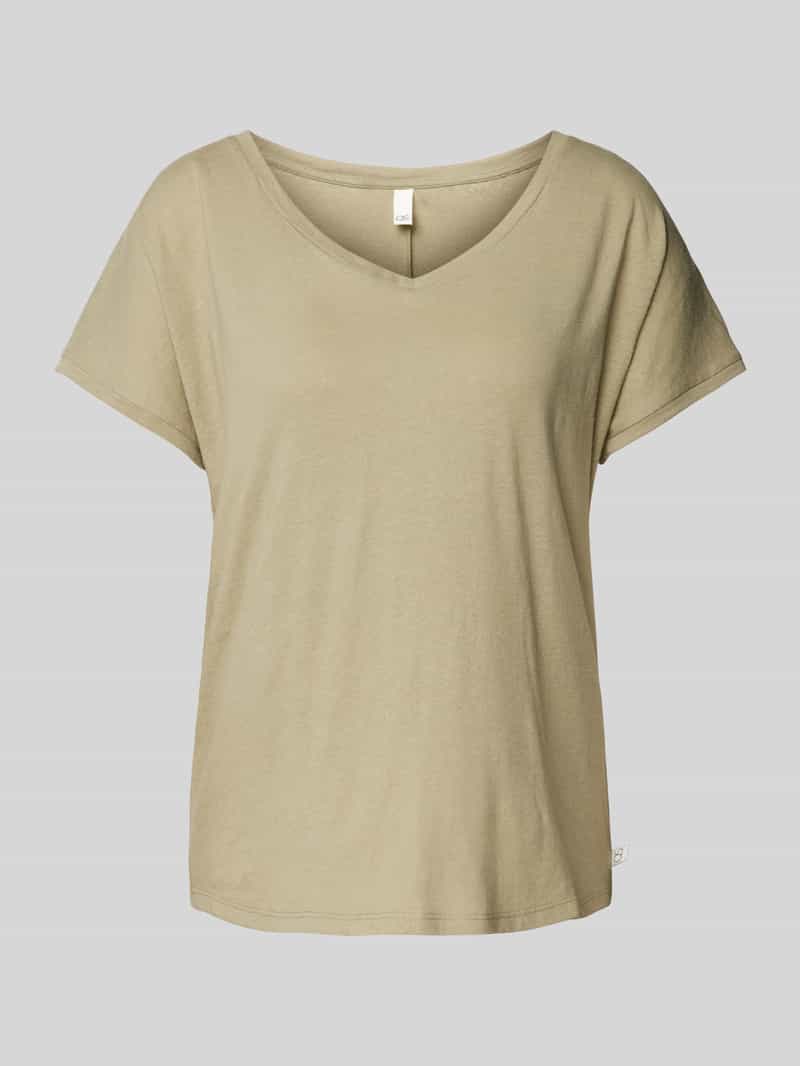 T-shirt lniany z dekoltem w serek