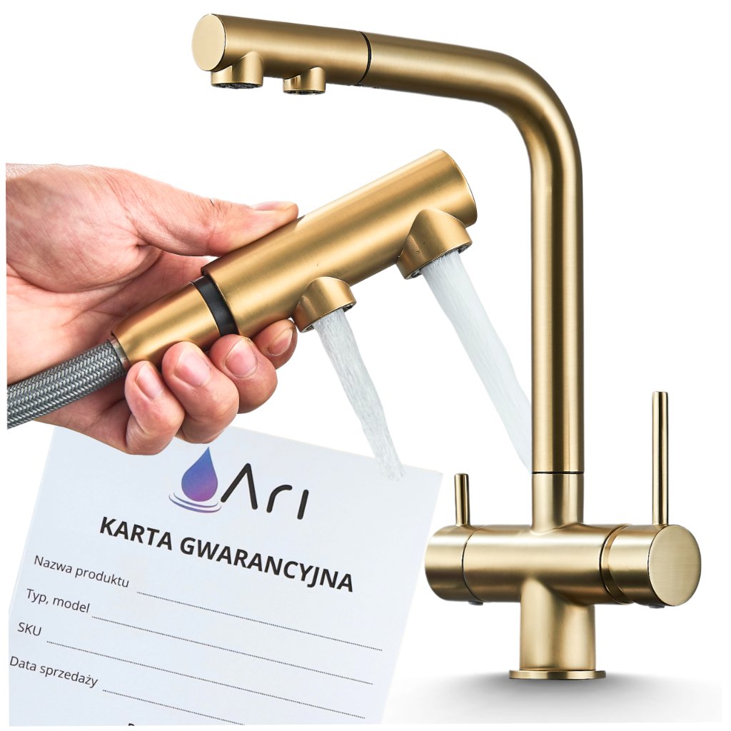 Bateria Kuchenna Trójdrożna z Obrotową Wyciąganą Wyjmowaną Elastyczną Wylewką Kran Do Kuchni Złota z Dodatkową Wylewką WODA FILTROWANA - INOX - Szcz..