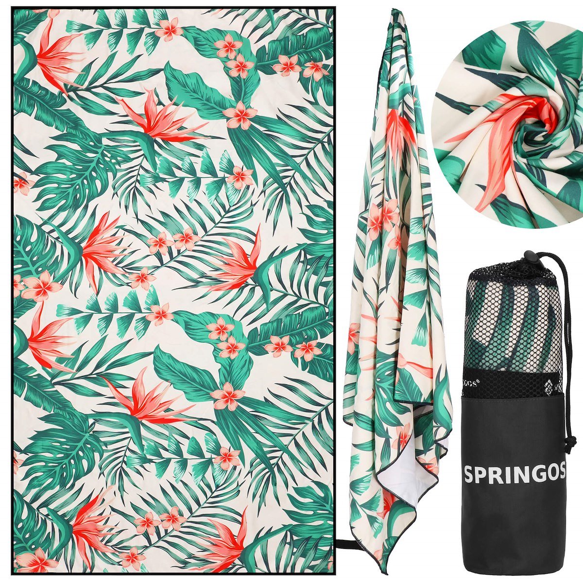 Ręcznik szybkoschnący, kompaktowy 90x180 cm mikrofibra, na plaże, kemping, kwiaty, liście