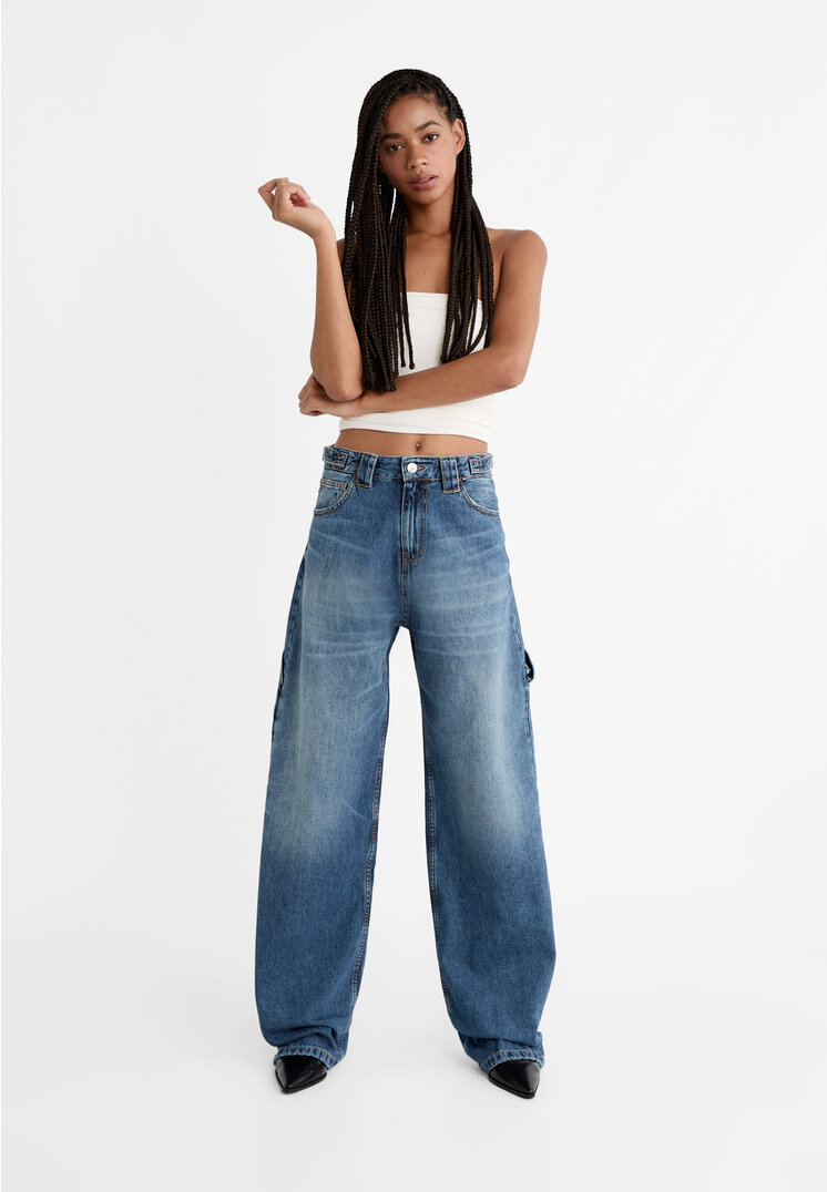 Stradivarius Jeansy baggy balloon fit z regulowaną talią  Niebieski denim 40