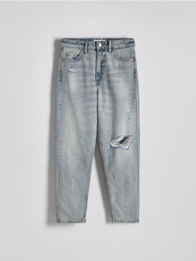 Reserved - Jeansy mom fit z przetarciami - niebieski