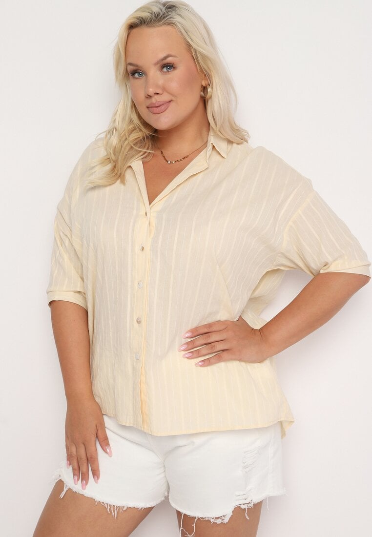 Beżowa Koszula z Bawełny Zapinana na Guziki w Pionowe Paski Tinariss