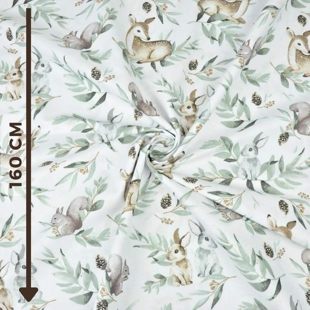 Tkanina bawełniana sarenki z króliczkami i szałwiowymi listkami na białym tle