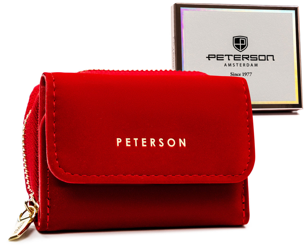 Mały portfel damski z ochroną RFID skóra ekologiczna portmonetka na suwak Peterson, czerwony