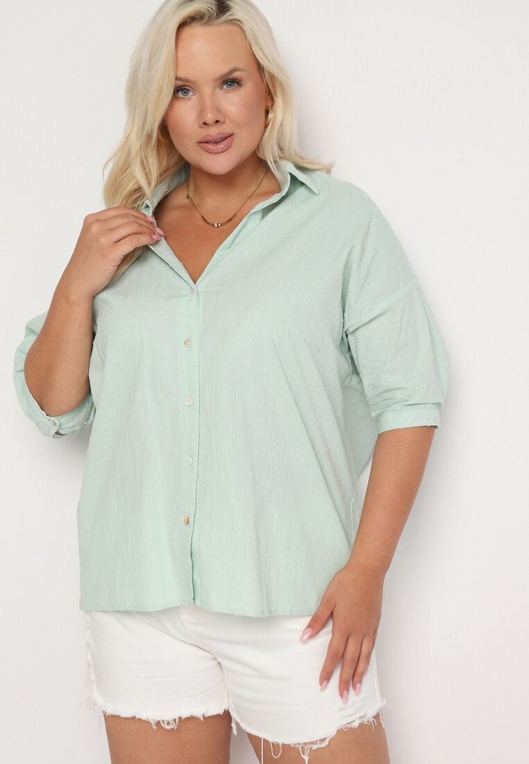 Jasnozielona Bawełniana Koszula z Krótkim Rękawem Tinalyni