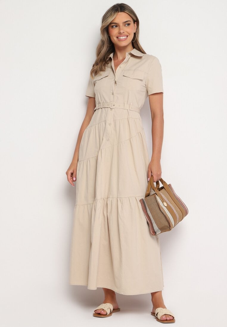 Beżowa Taliowana Sukienka z Bawełny w Koszulowym Stylu z Imitacją Kieszeni Masefia