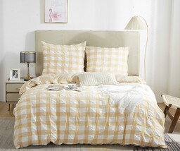 Spod Igły I Nitki Pościel z mikrofibry 160x200 Creasy kremowa kratka marszczona I24