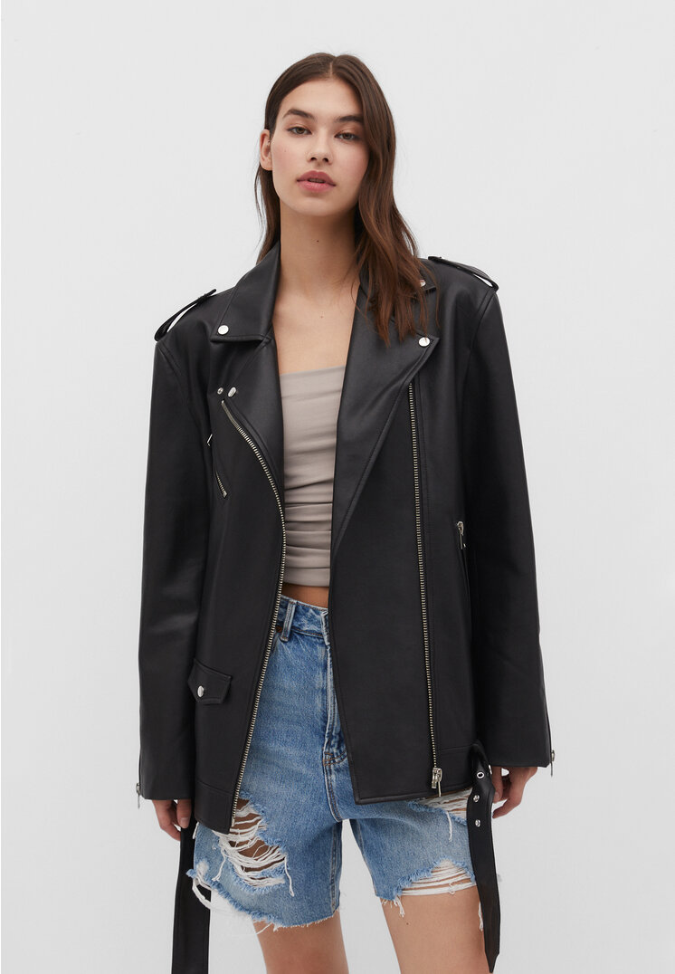 Stradivarius Kurtka oversize w stylu biker ze sztucznej skóry  Czarny L