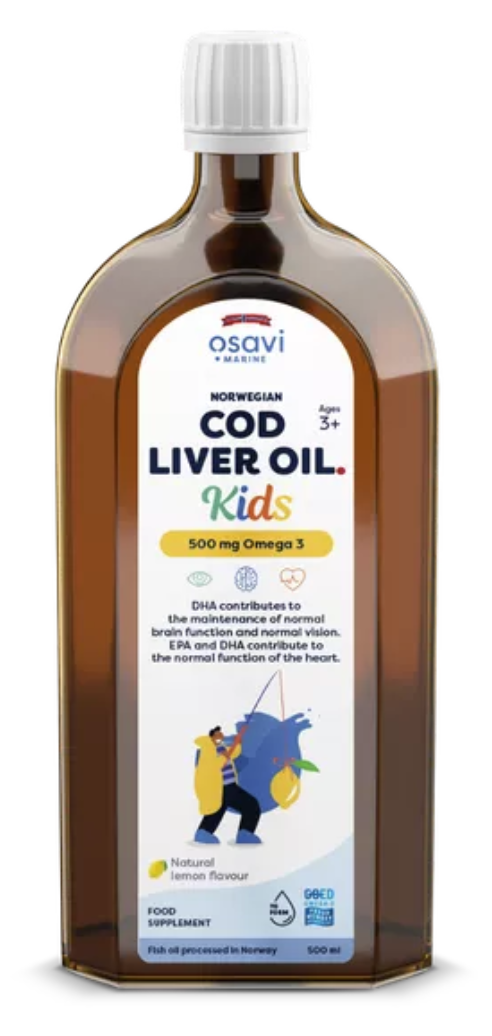 Osavi Olej z wątroby dorsza norweskiego Kids, Omega 3 Olej z wątroby dorsza norweskiego, dla dzieci, cytryna, 500 mg, 500 ml