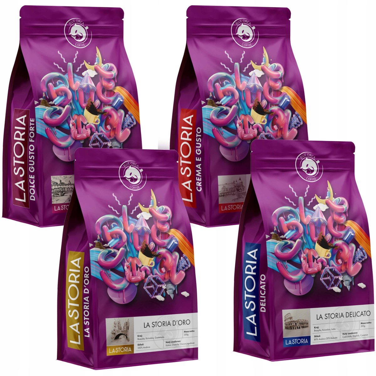Kawa Ziarnista La Storia Świeżo Palona - Zestaw 4X200G - Blue Orca Coffee