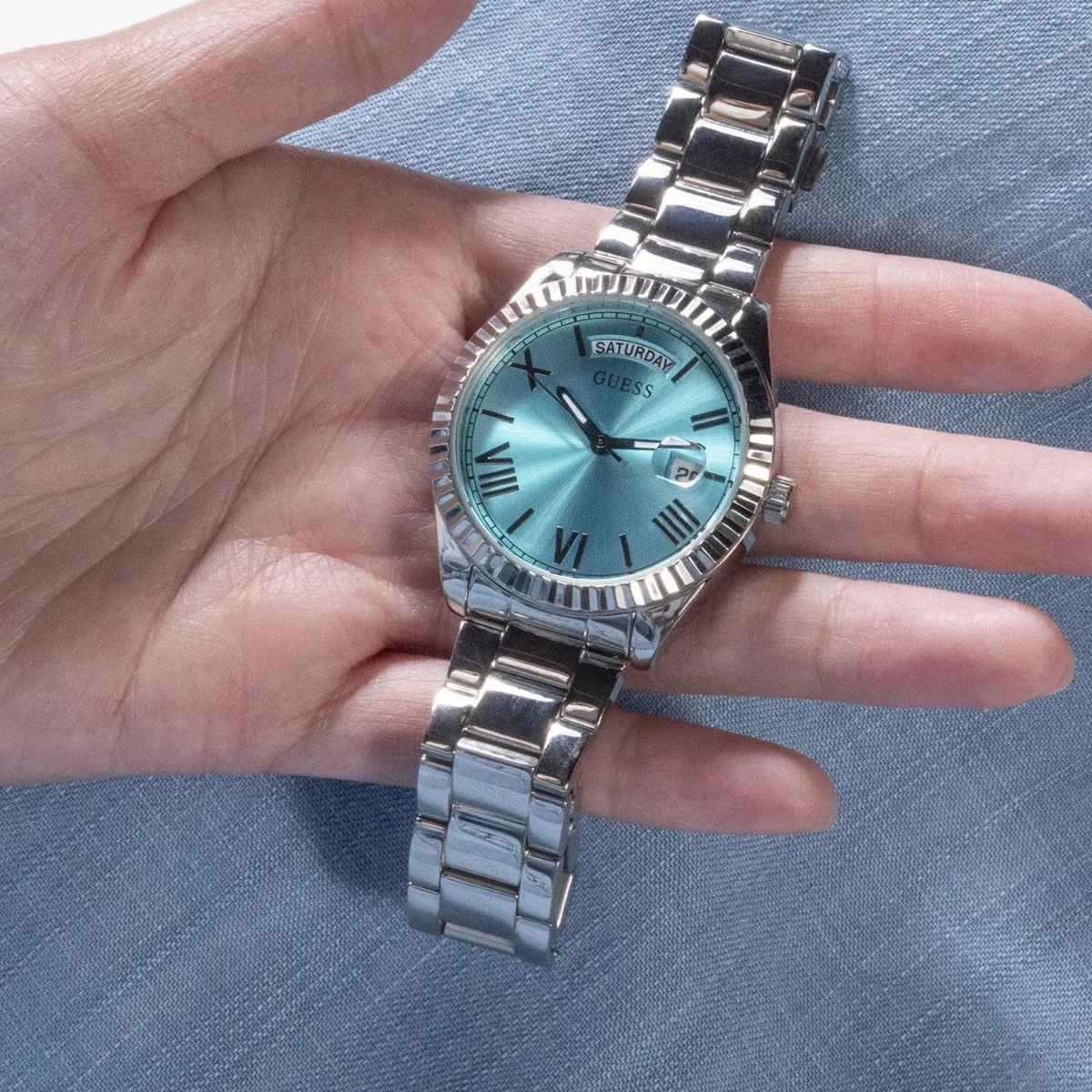 Guess Luna zegarek damski srebrny turkusowa tarcza GW0308L4