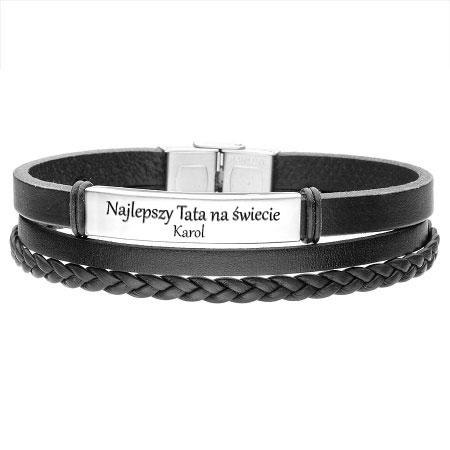 Czarna bransoletka ze skóry z grawerami dla Taty - Manoki