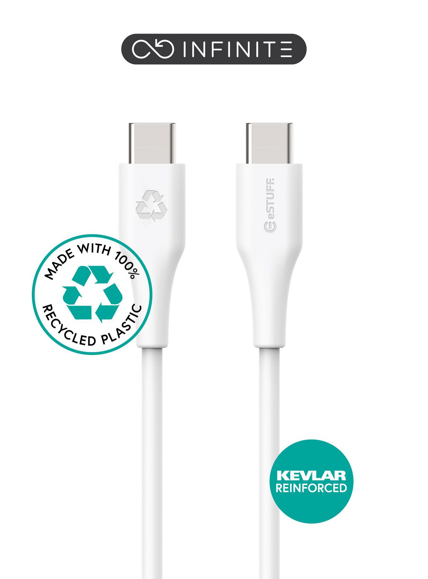 EStuff INFINITE Kabel USB-C 1m Biały. Plastik z recyklingu. USB 2.0. Obsługuje 480 Mb/s danych ~ 5V/2.4A ładowania