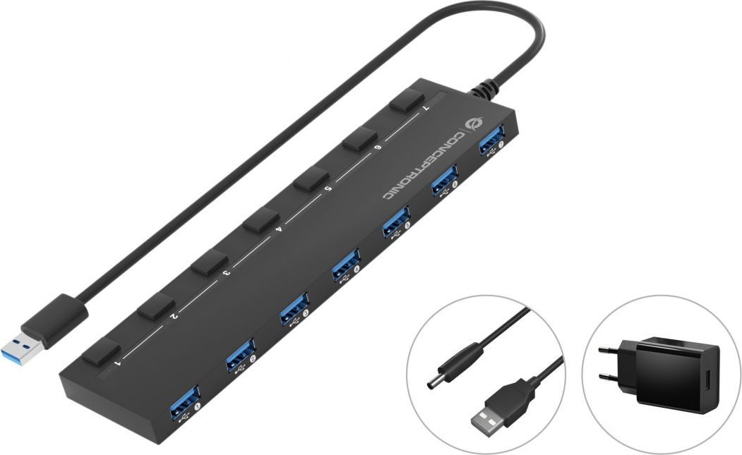 Koncentrator USB CONCEPTRONIC 7-portowy 3.0 -> 7x3.0 z czarnym zasilaczem