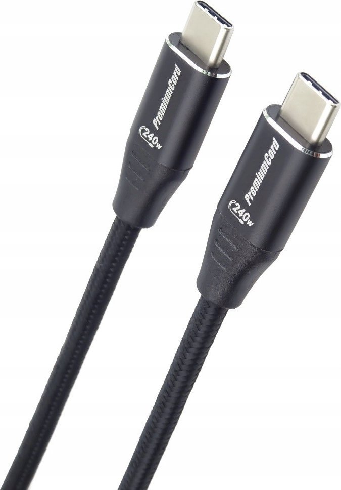 Kabel PREMIUMCORD USB-C M/M, 240W 480Mbps czarny oplot bawełniany, 1m