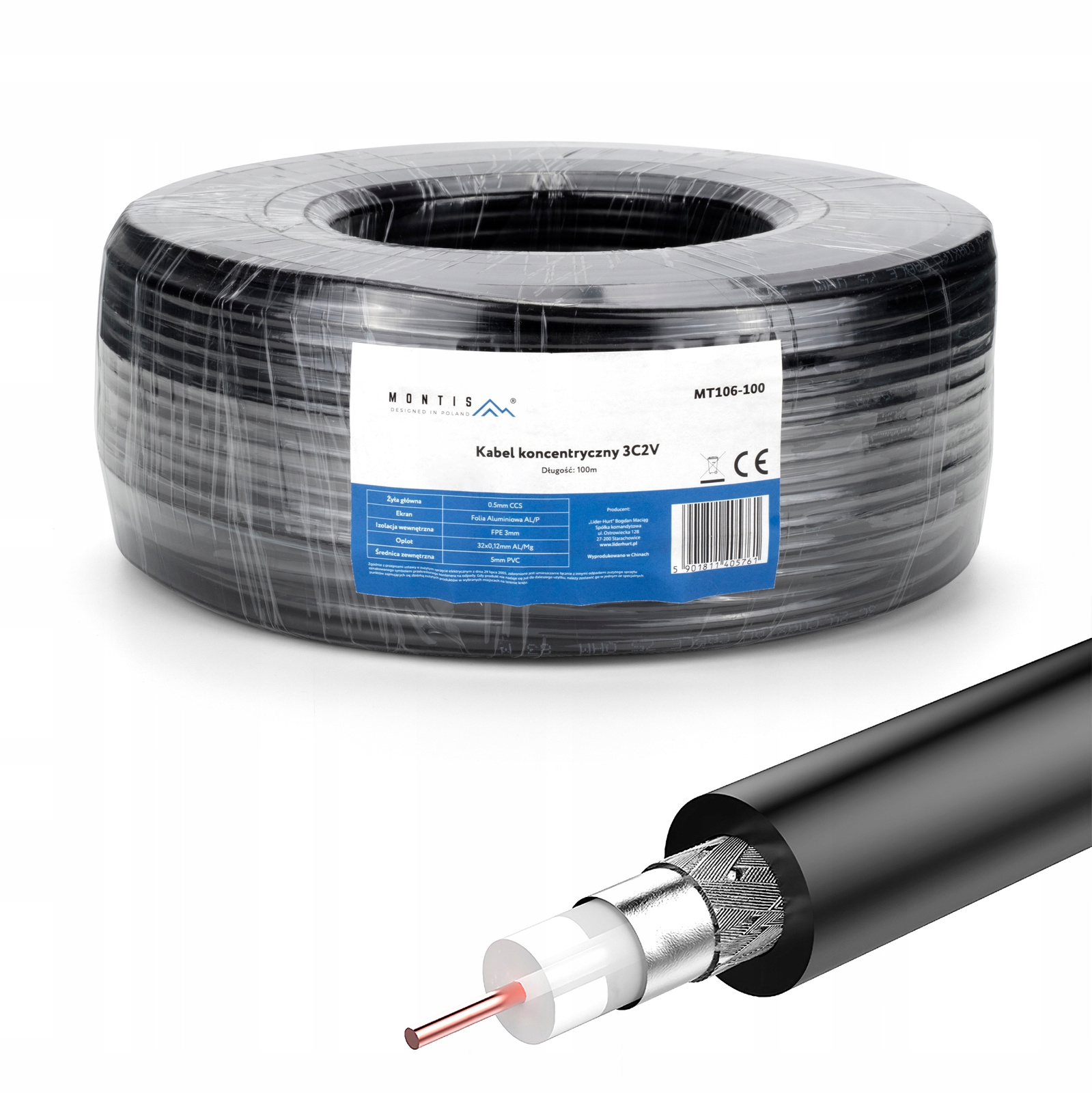 Kabel koncentryczny 3C2V 100m Montis MT106-100 czarny