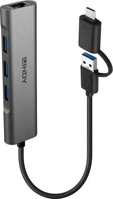 Koncentrator LINDY USB 3.2 Gen 1 i konwerter Gigabit Ethernet